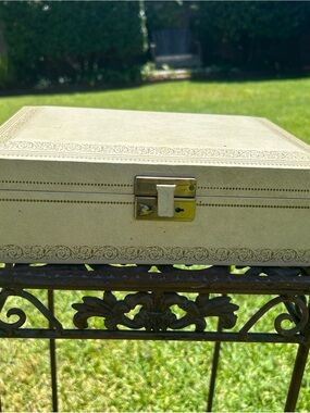 Vintage Mele Cream Jewelry Storage box. Red velvet Interior Used